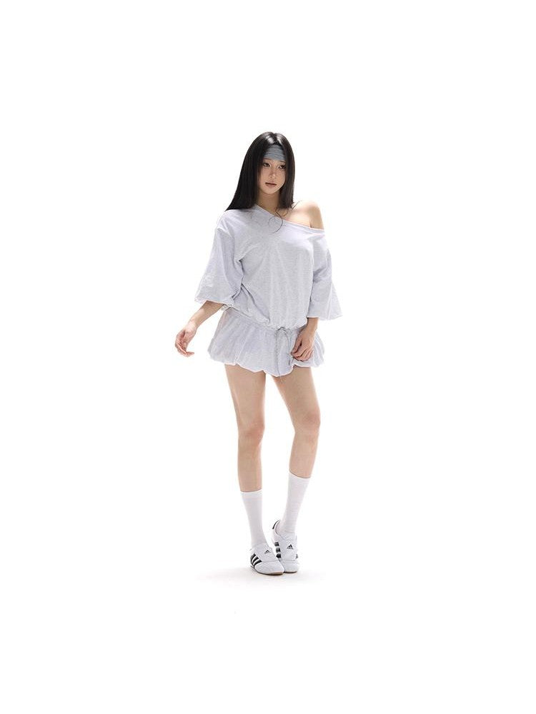 itsdinn Puff Sleeve Tie Low Waist Balloon Hem Women&