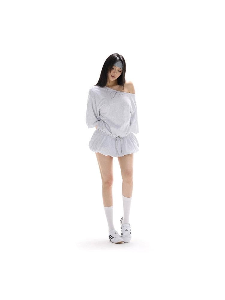 itsdinn Puff Sleeve Tie Low Waist Balloon Hem Women&