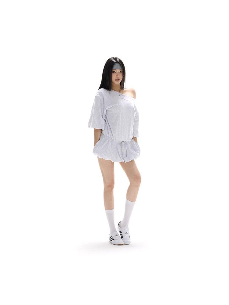 itsdinn Puff Sleeve Tie Low Waist Balloon Hem Women&