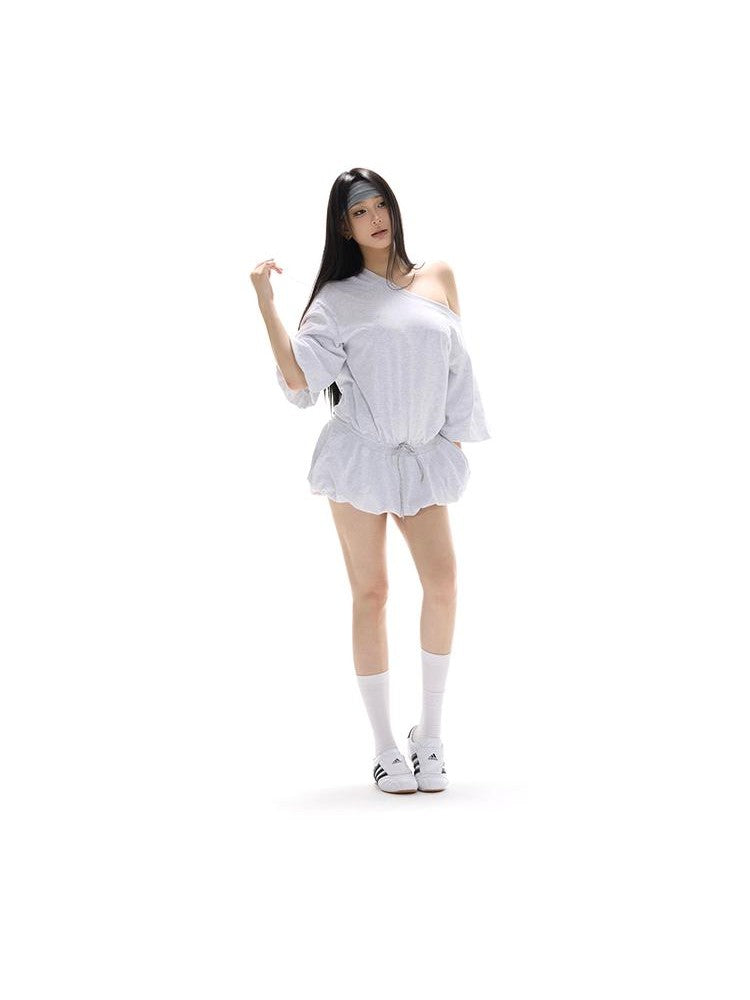 itsdinn Puff Sleeve Tie Low Waist Balloon Hem Women&