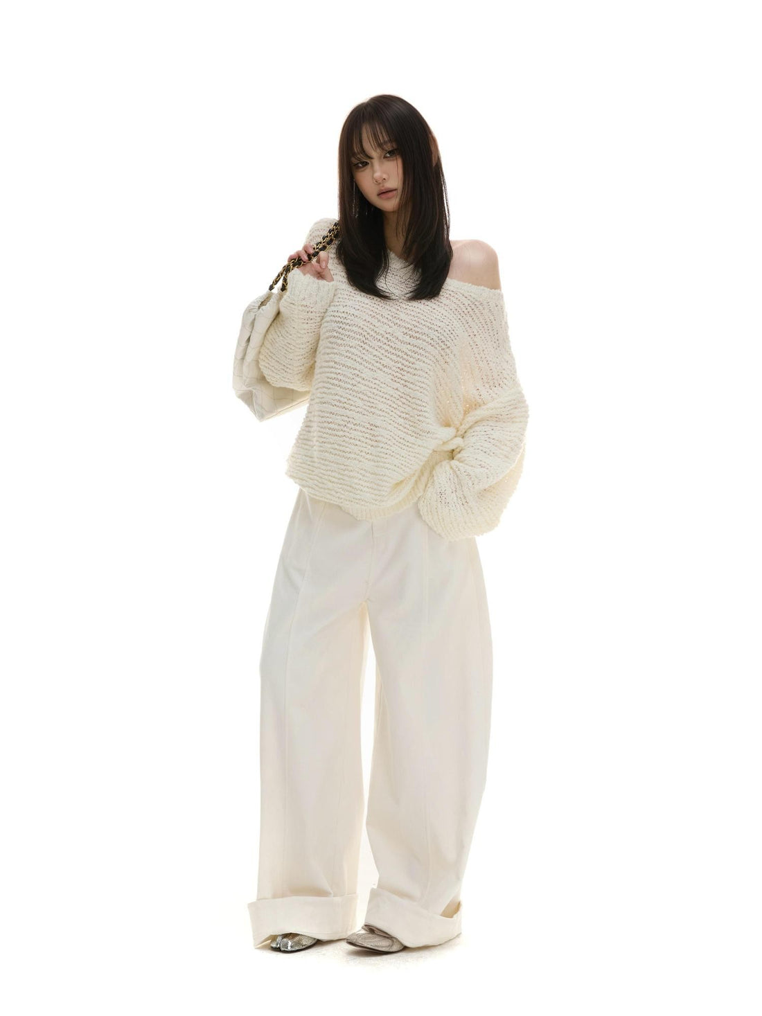 itsdinn Puffed Textured Crewneck Loose Women&