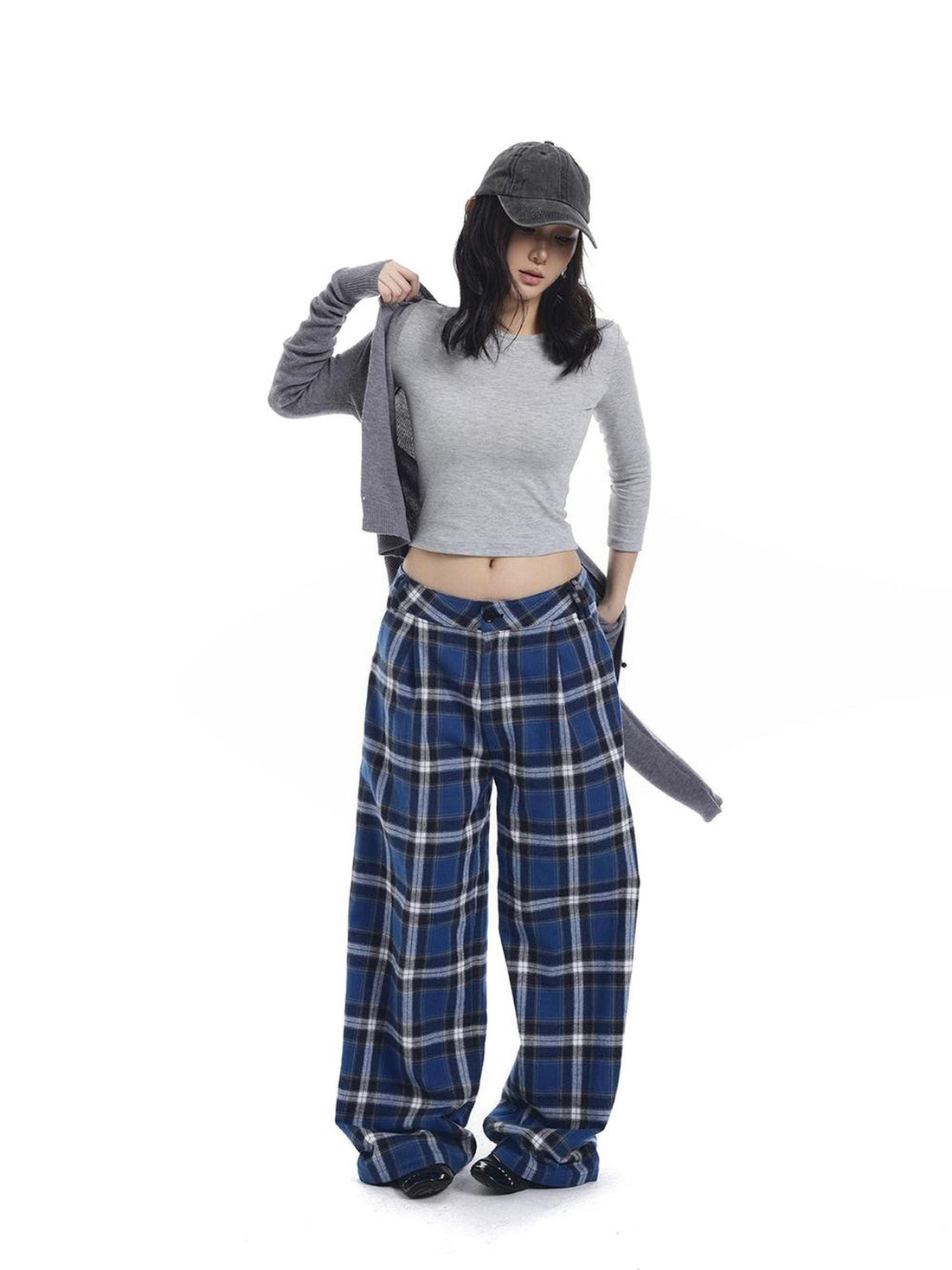 itsdinn Relaxed Drapey Brushed Plaid Low Rise Women&