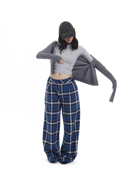 itsdinn Relaxed Drapey Brushed Plaid Low Rise Women&