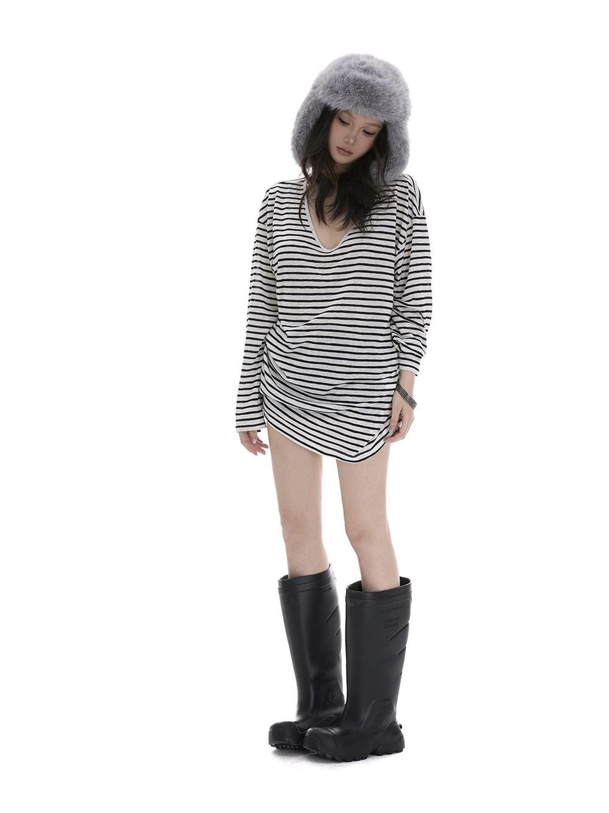 itsdinn Relaxed Striped Large U Neck Women&