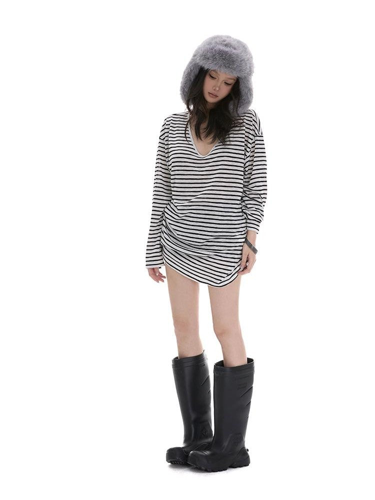 itsdinn Relaxed Striped Large U Neck Women&