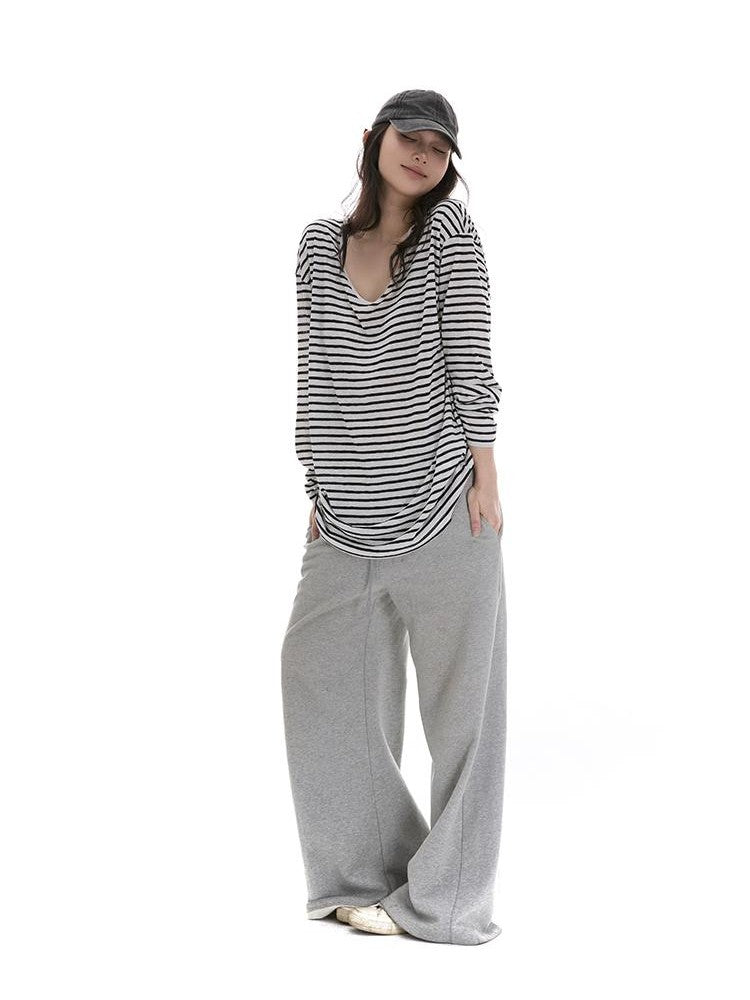 itsdinn Relaxed Striped Large U Neck Women&