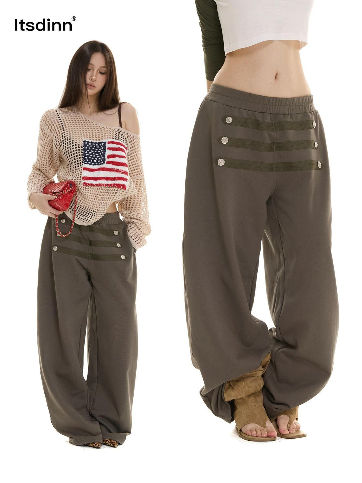 itsdinn Retro Metal Button Elastic Waist Low Rise Women&