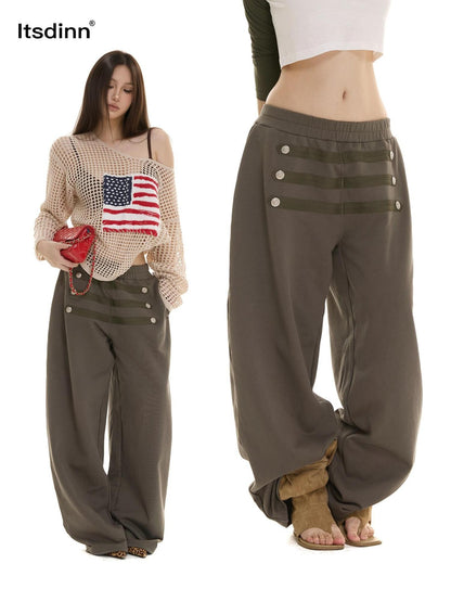 itsdinn Retro Metal Button Elastic Waist Low Rise Women&