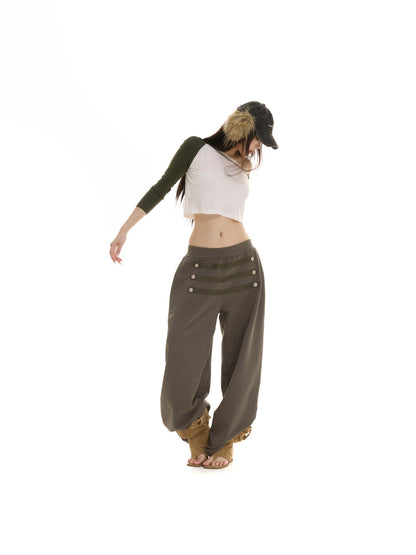 itsdinn Retro Metal Button Elastic Waist Low Rise Women&
