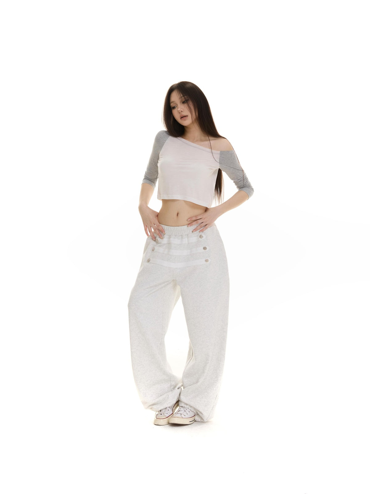 itsdinn Retro Metal Button Elastic Waist Low Rise Women&