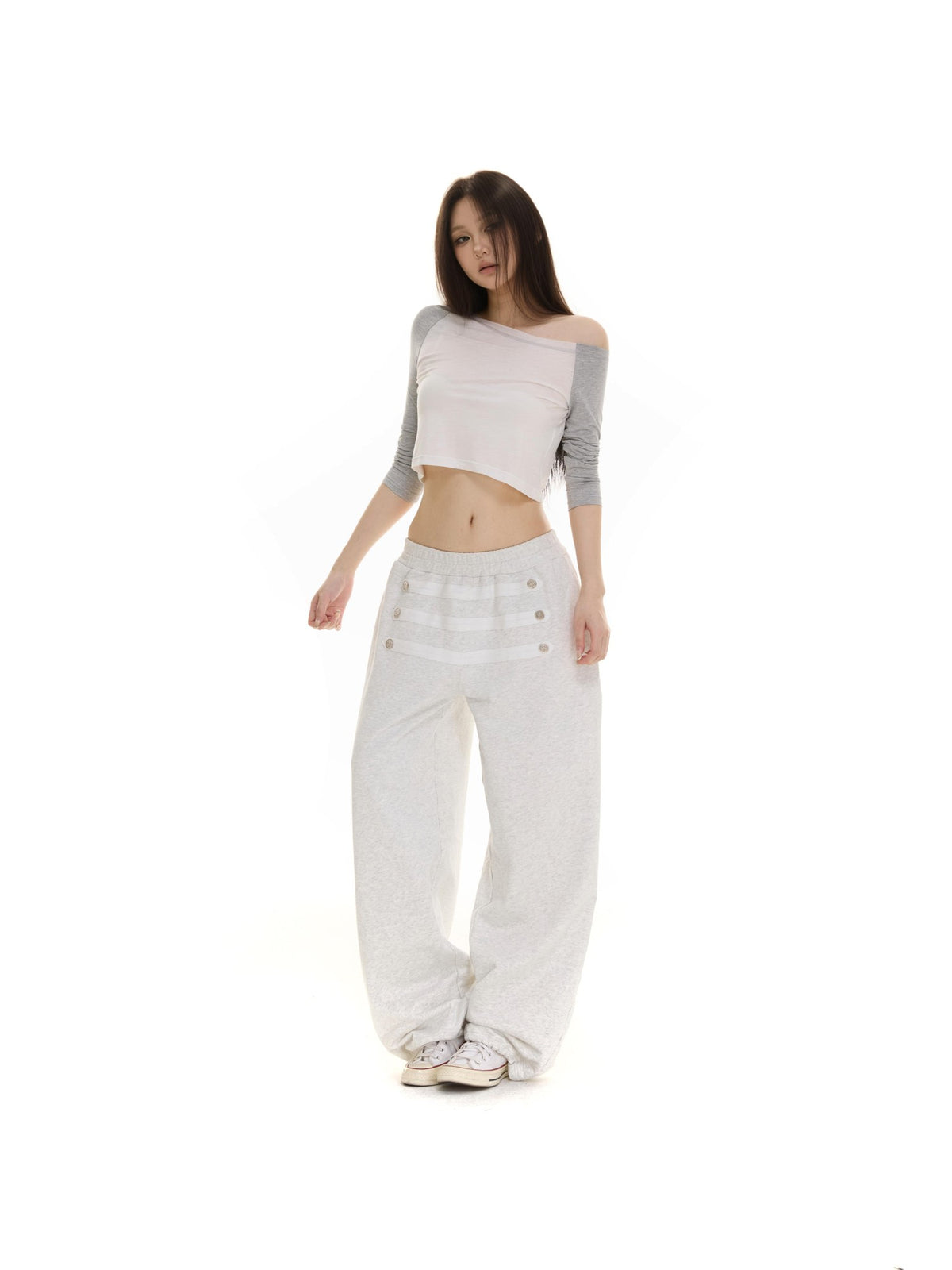 itsdinn Retro Metal Button Elastic Waist Low Rise Women&