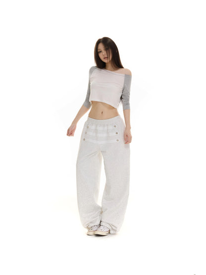 itsdinn Retro Metal Button Elastic Waist Low Rise Women&