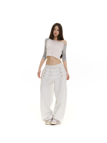itsdinn Retro Metal Button Elastic Waist Low Rise Women&