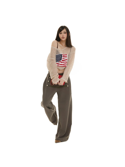 itsdinn Retro Metal Button Elastic Waist Low Rise Women&