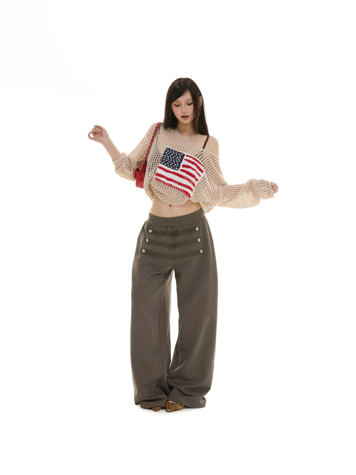 itsdinn Retro Metal Button Elastic Waist Low Rise Women&