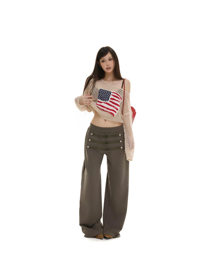 itsdinn Retro Metal Button Elastic Waist Low Rise Women&