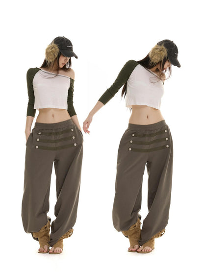 itsdinn Retro Metal Button Elastic Waist Low Rise Women&