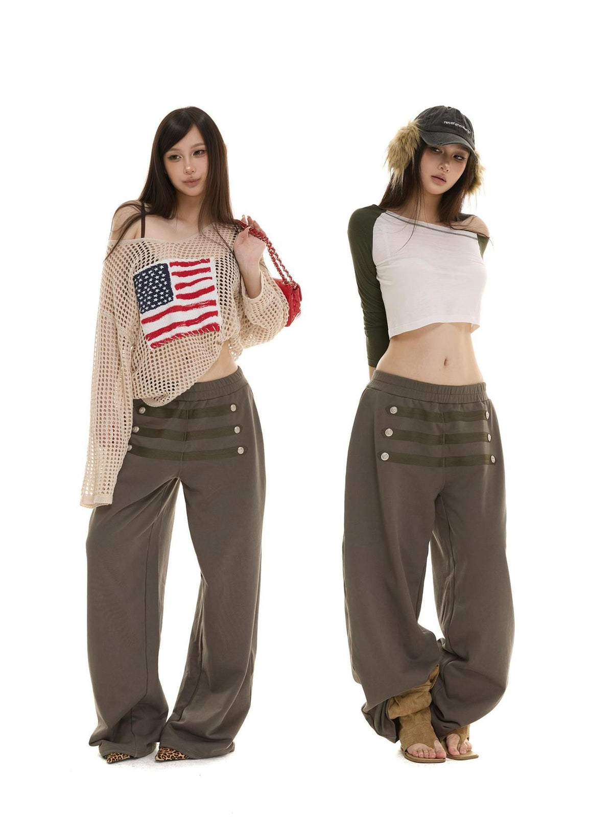 itsdinn Retro Metal Button Elastic Waist Low Rise Women&