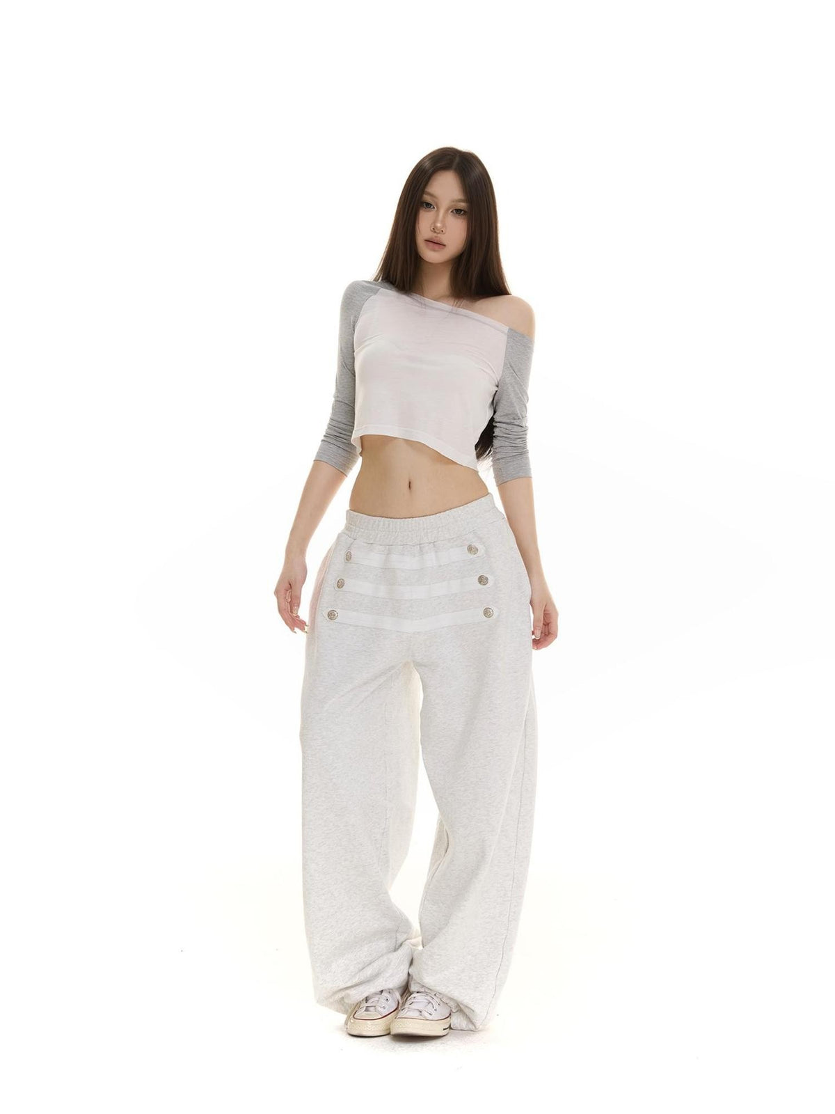 itsdinn Retro Metal Button Elastic Waist Low Rise Women&