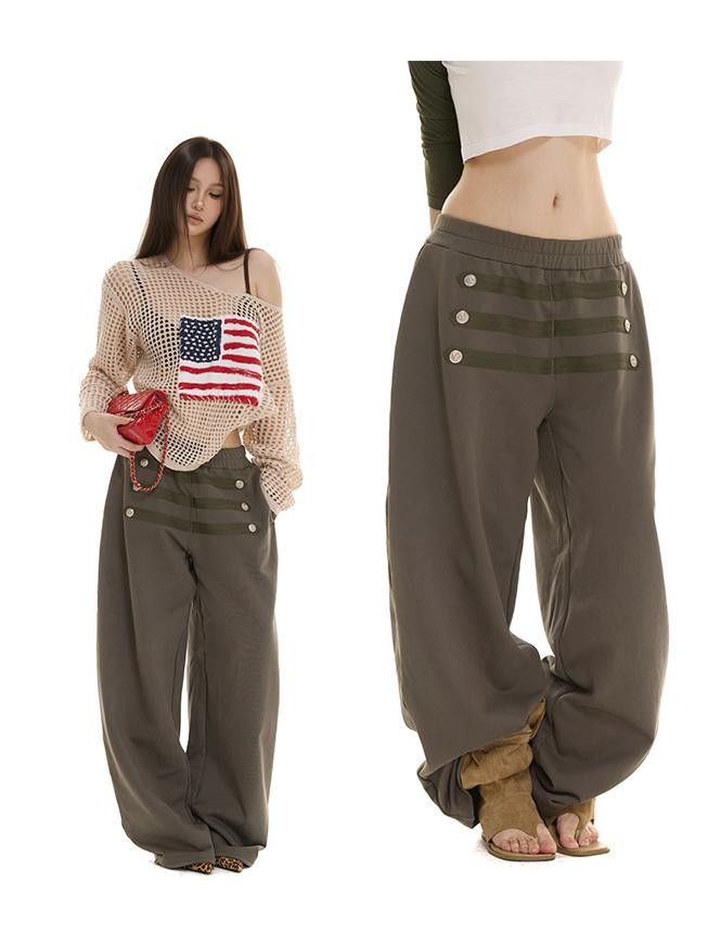 itsdinn Retro Metal Button Elastic Waist Low Rise Women&
