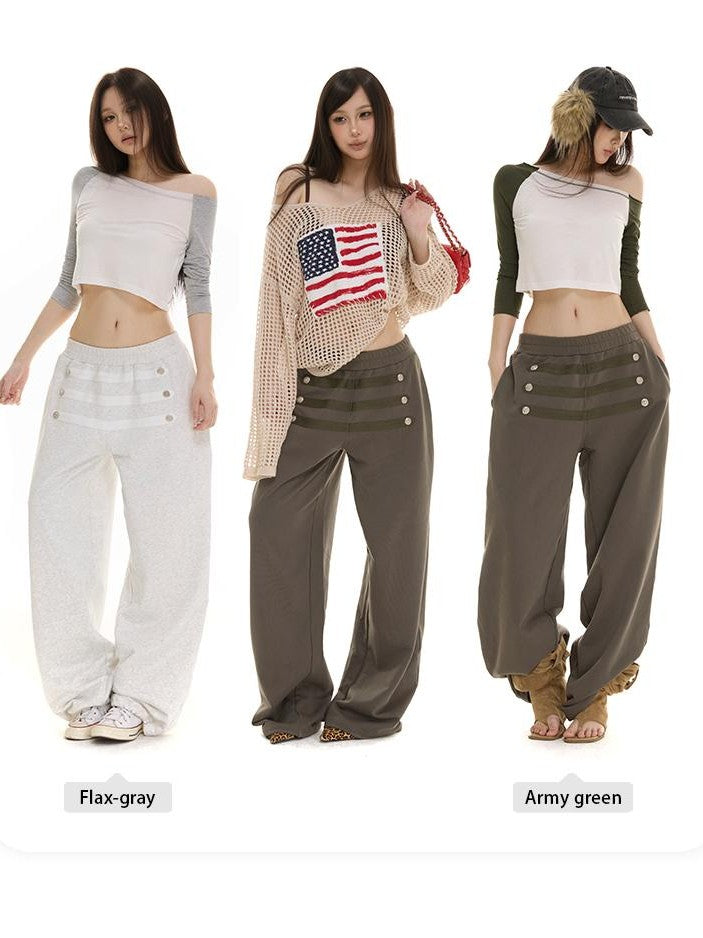 itsdinn Retro Metal Button Elastic Waist Low Rise Women&