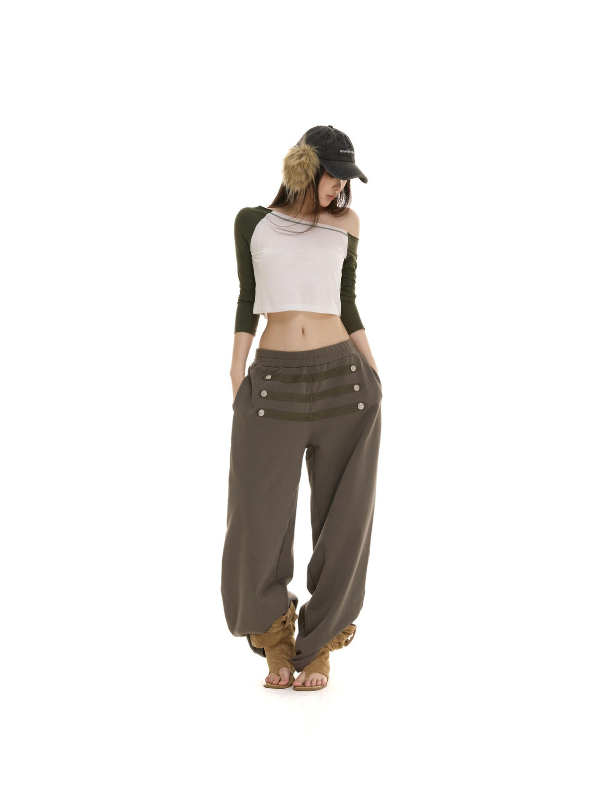 itsdinn Retro Metal Button Elastic Waist Low Rise Women&