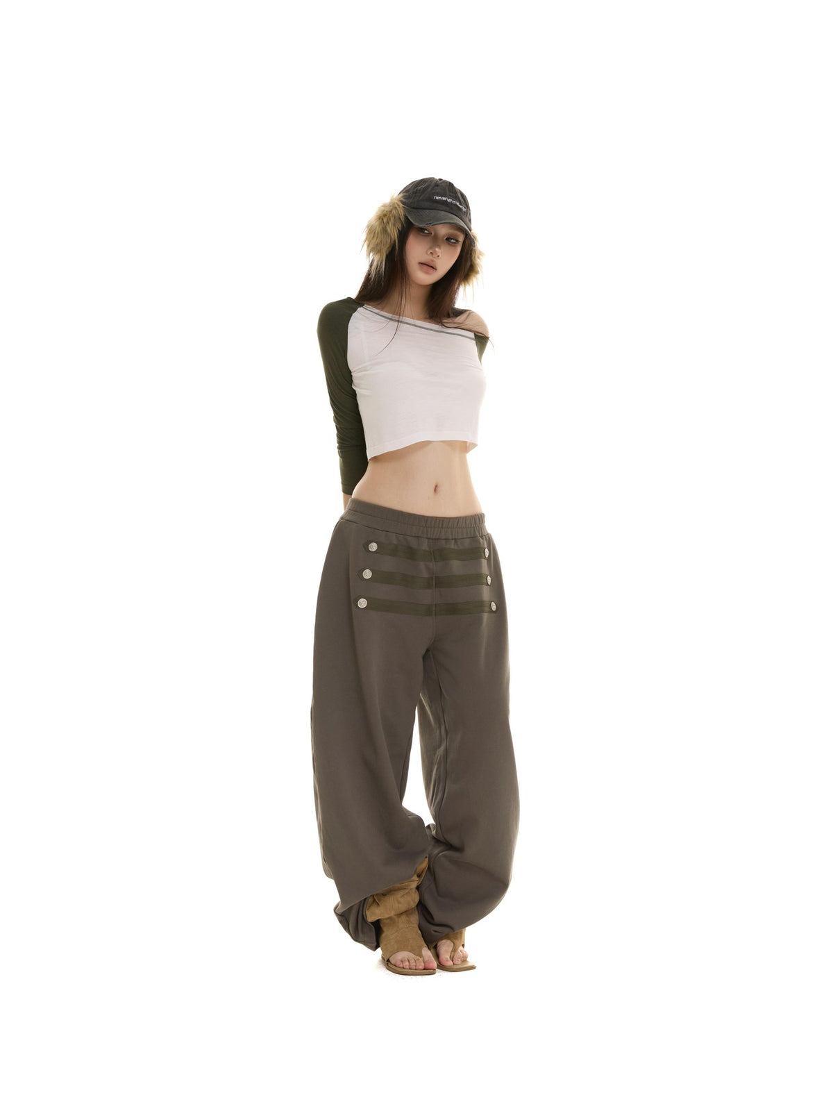 itsdinn Retro Metal Button Elastic Waist Low Rise Women&