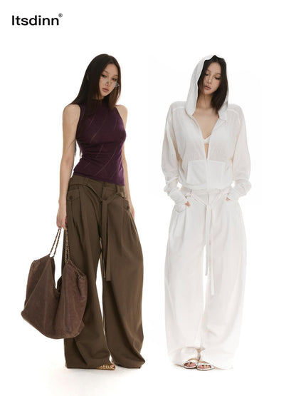 itsdinn Retro Pleated Low Waist Drawstring Curved Leg Women&