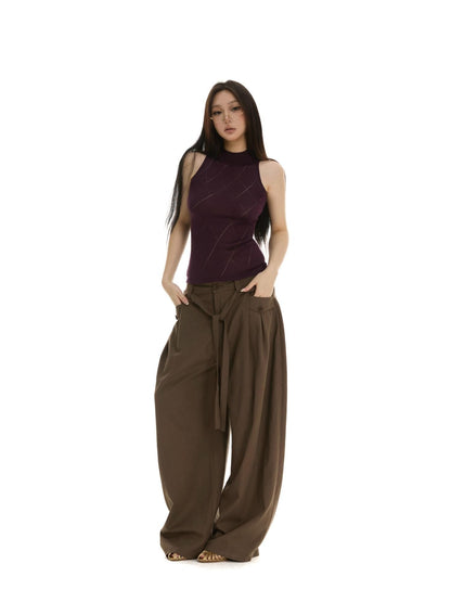 itsdinn Retro Pleated Low Waist Drawstring Curved Leg Women&