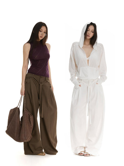 itsdinn Retro Pleated Low Waist Drawstring Curved Leg Women&
