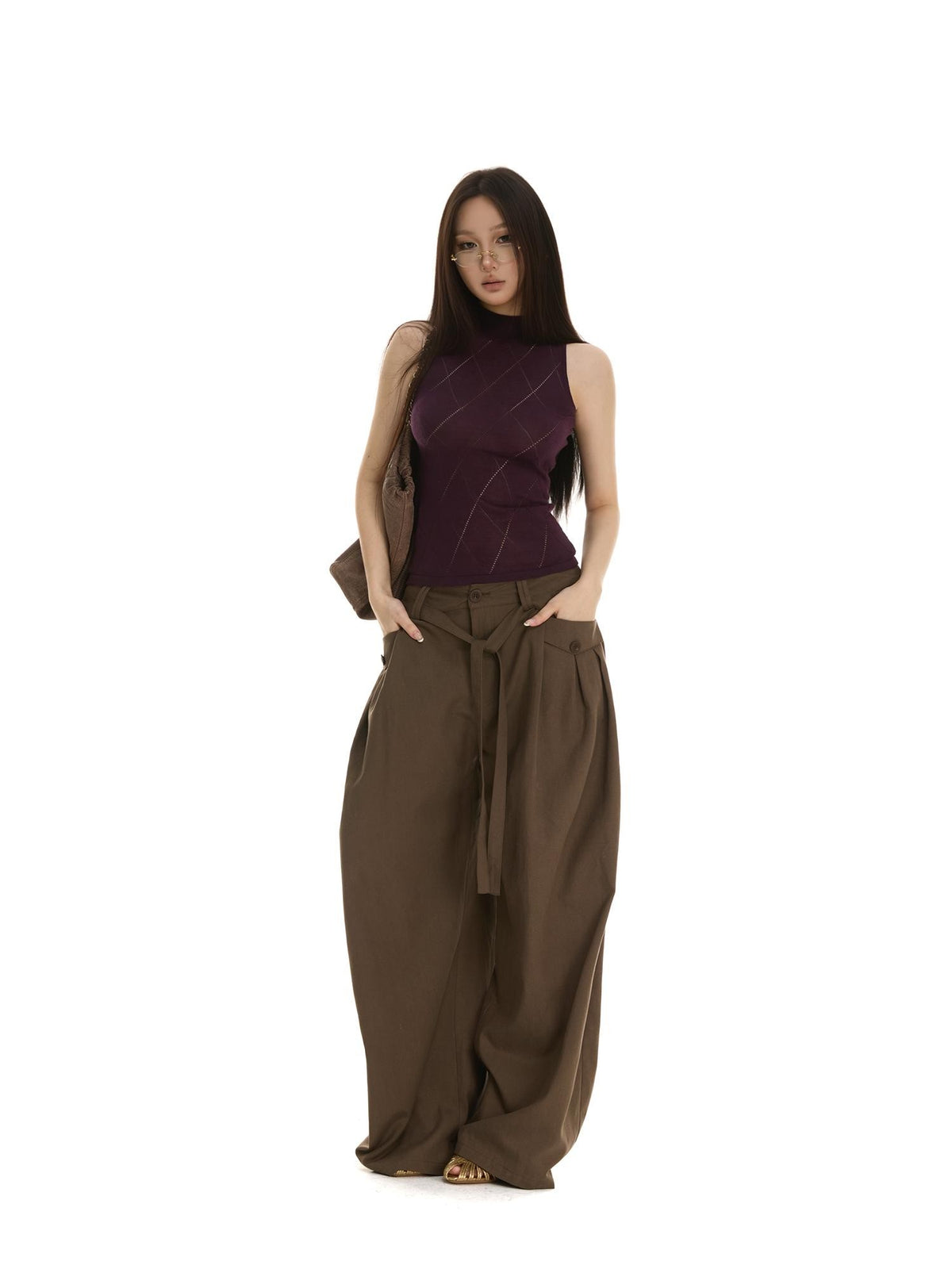 itsdinn Retro Pleated Low Waist Drawstring Curved Leg Women&