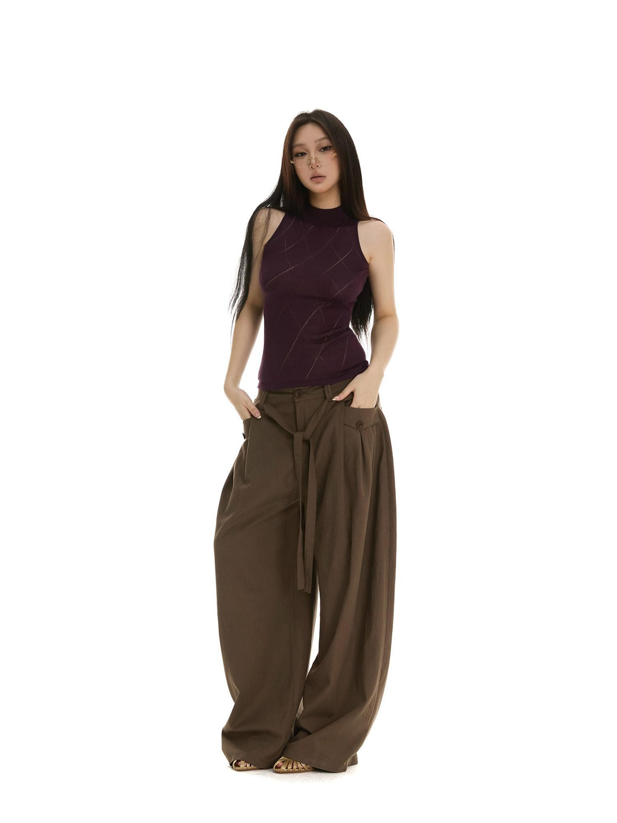 itsdinn Retro Pleated Low Waist Drawstring Curved Leg Women&