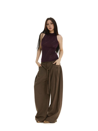 itsdinn Retro Pleated Low Waist Drawstring Curved Leg Women&