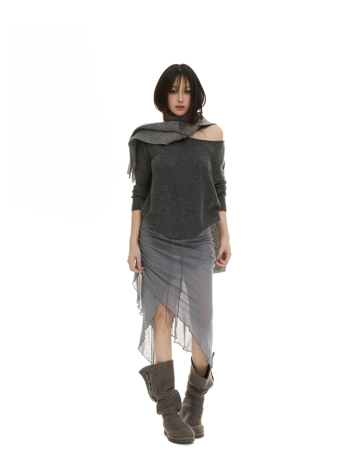 itsdinn Ruffled Asymmetric Drawstring Ruched Front Slit Women&