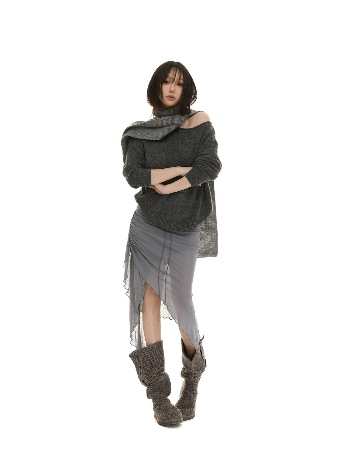 itsdinn Ruffled Asymmetric Drawstring Ruched Front Slit Women&