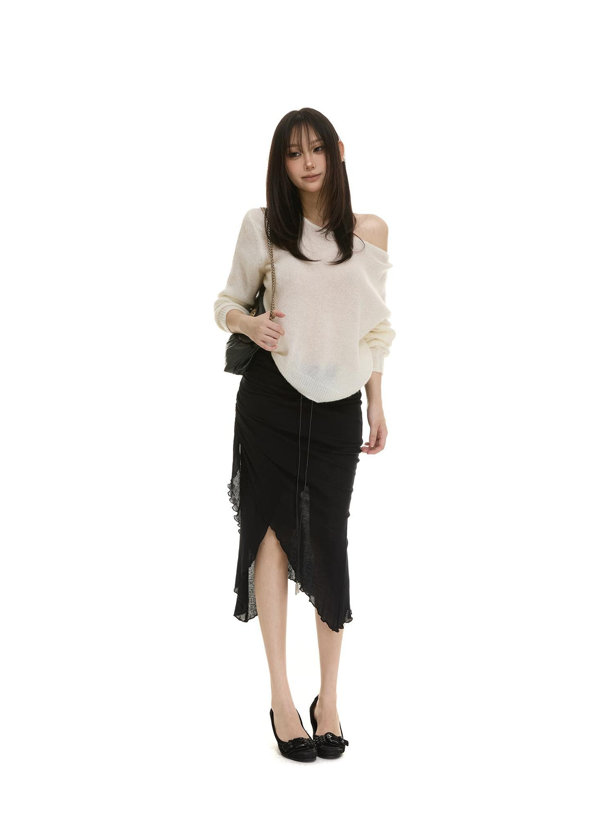 itsdinn Ruffled Asymmetric Drawstring Ruched Front Slit Women&