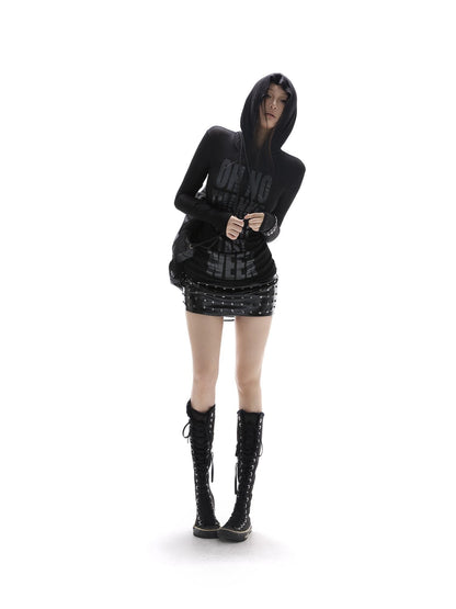 itsdinn Sheer Hooded Record Print Women&