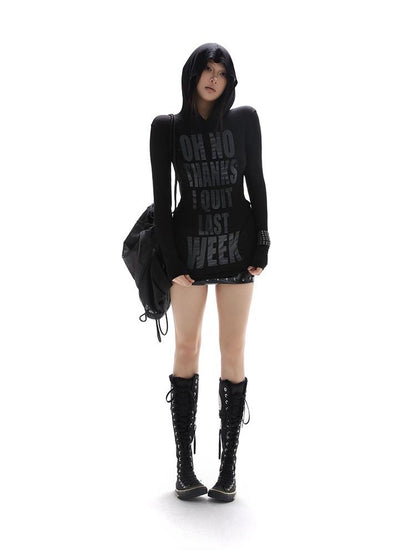 itsdinn Sheer Hooded Record Print Women&