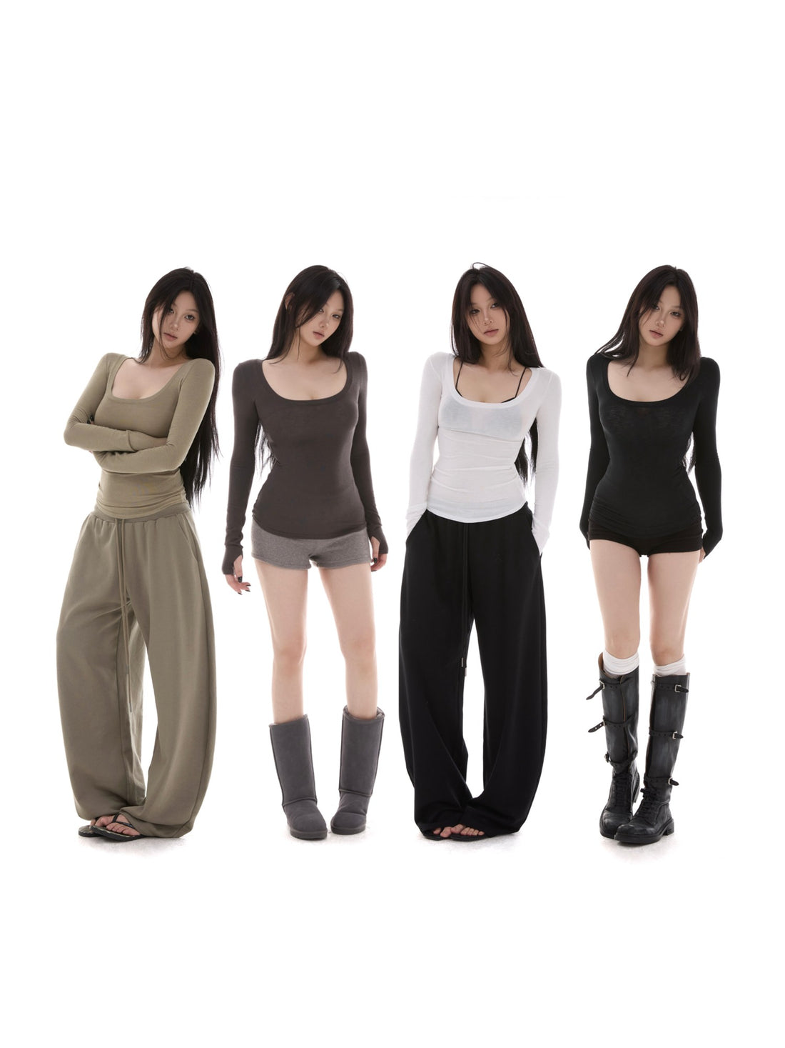 itsdinn Sheer U Neck Slim Fit High Low Hem Women&