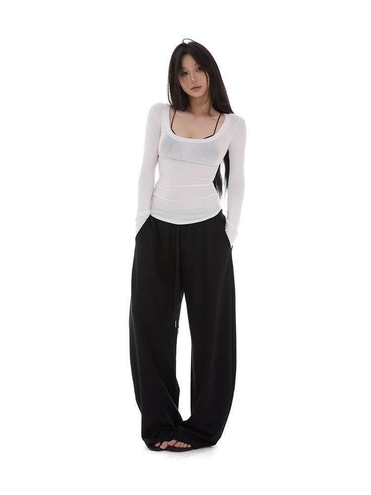 itsdinn Sheer U Neck Slim Fit High Low Hem Women&