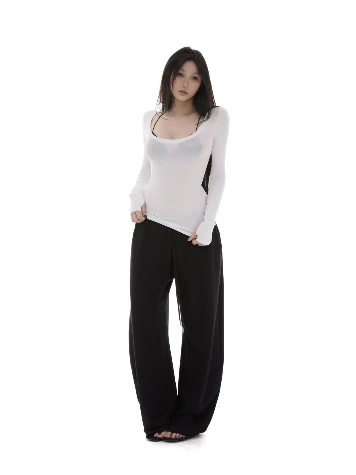 itsdinn Sheer U Neck Slim Fit High Low Hem Women&
