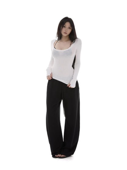 itsdinn Sheer U Neck Slim Fit High Low Hem Women&