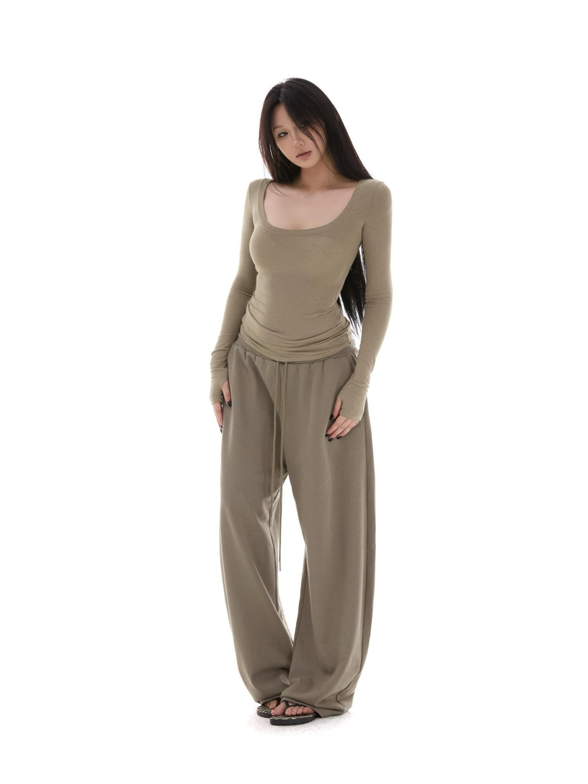 itsdinn Sheer U Neck Slim Fit High Low Hem Women&