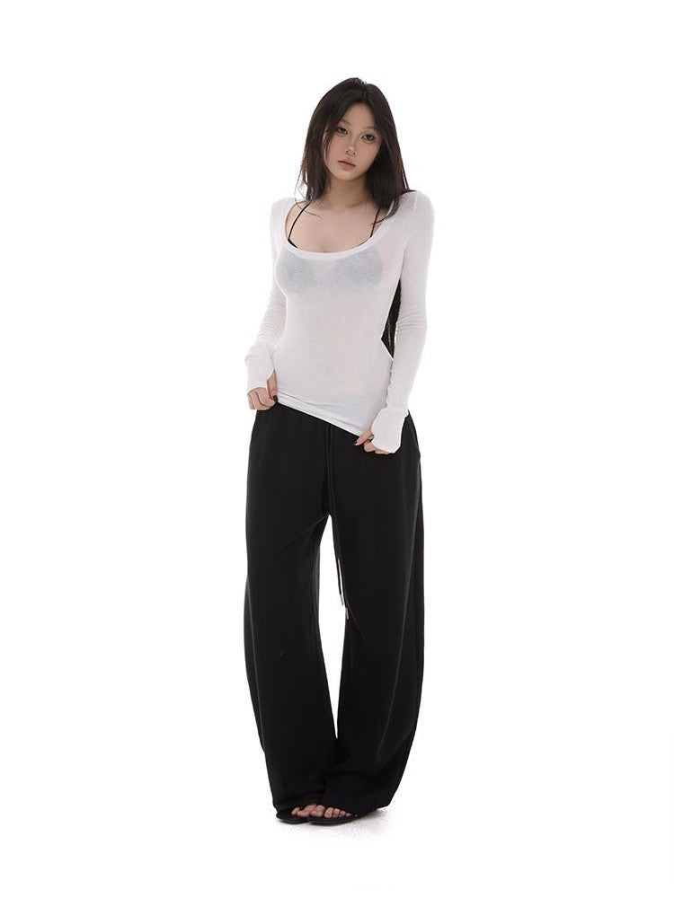 itsdinn Sheer U Neck Slim Fit High Low Hem Women&