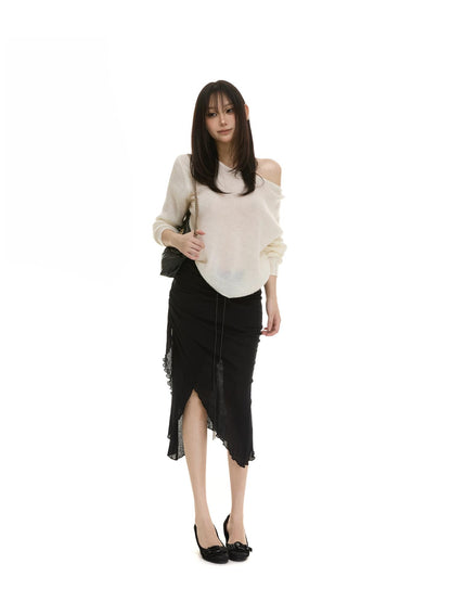 itsdinn Slanted Shoulder Batwing Knit Crewneck Women&