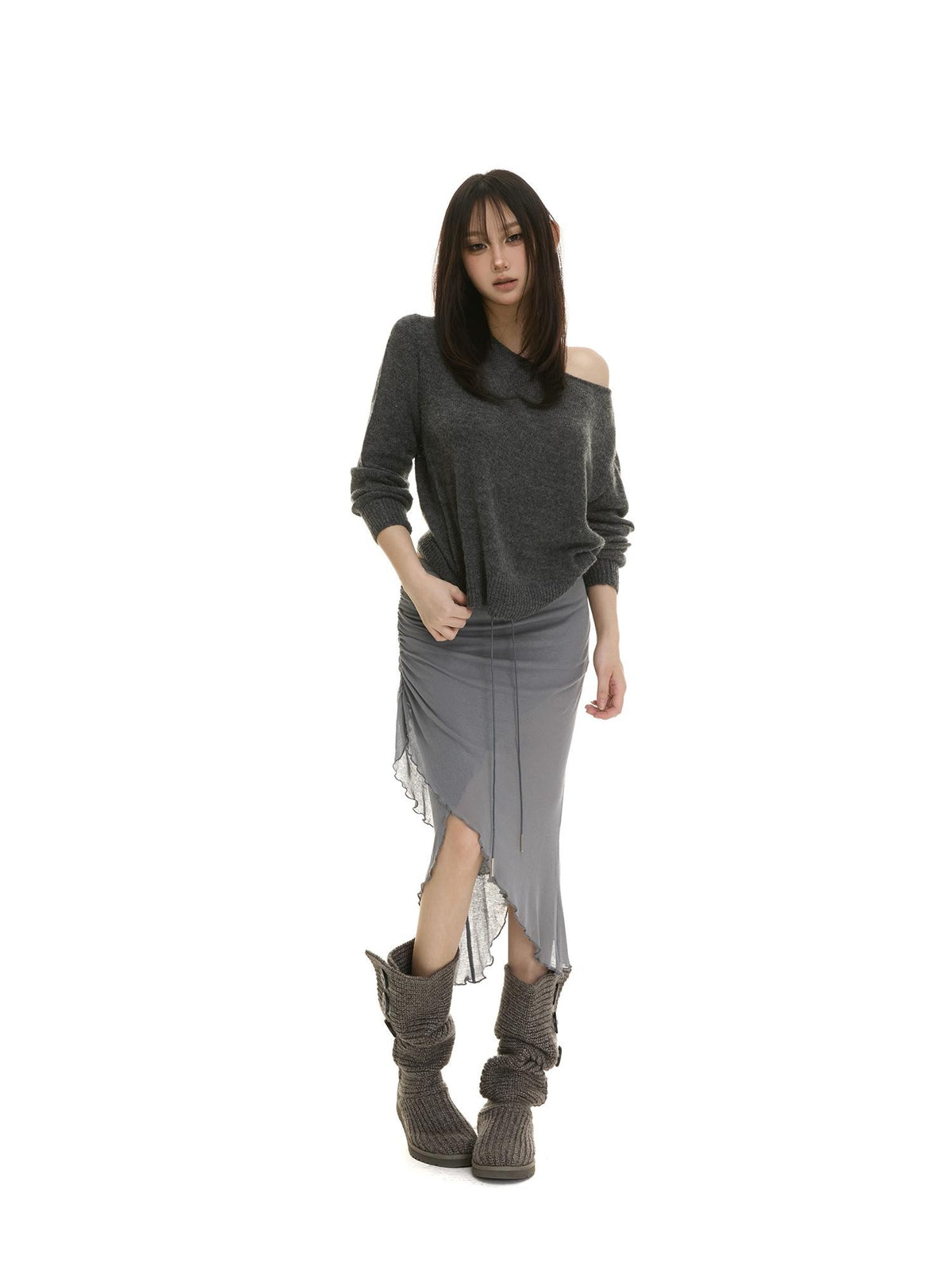 itsdinn Slanted Shoulder Batwing Knit Crewneck Women&