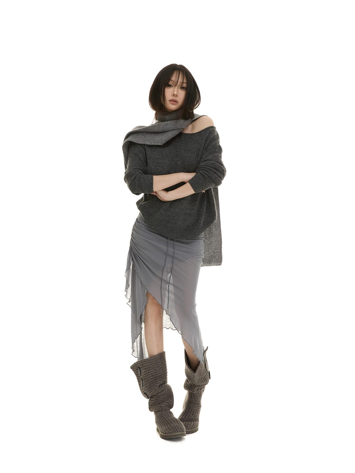 itsdinn Slanted Shoulder Batwing Knit Crewneck Women&