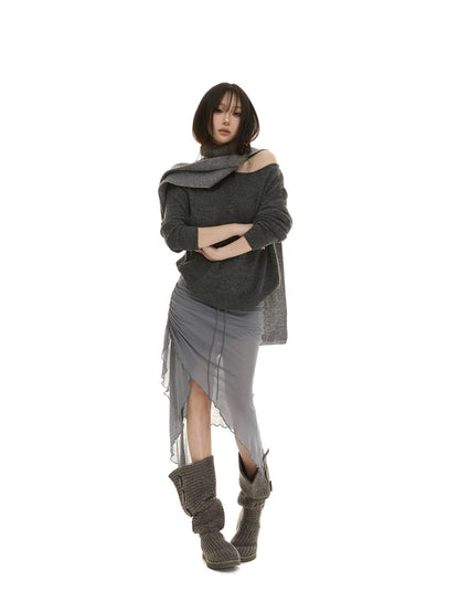 itsdinn Slanted Shoulder Batwing Knit Crewneck Women&