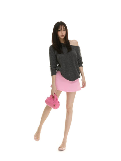 itsdinn Slanted Shoulder Batwing Knit Crewneck Women&