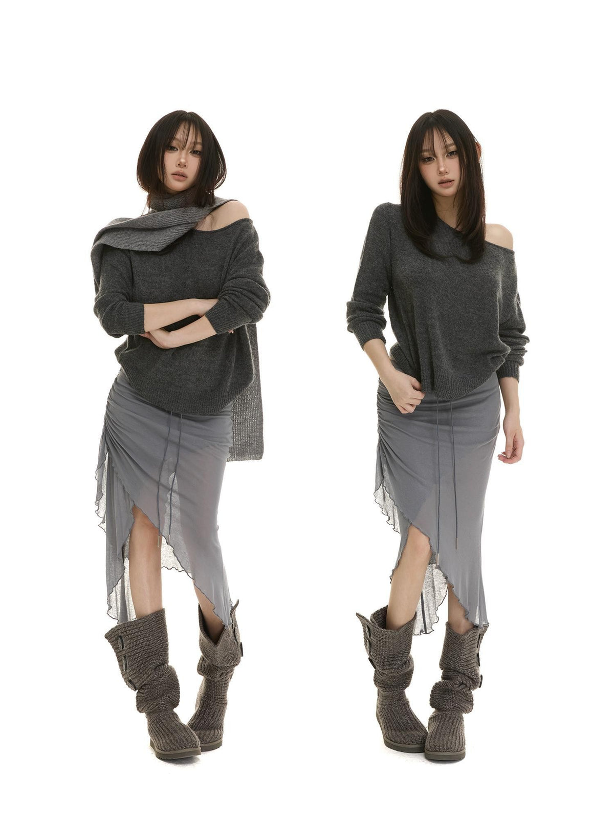 itsdinn Slanted Shoulder Batwing Knit Crewneck Women&